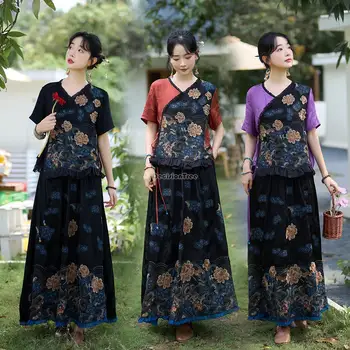 2023 женская блузка в китайском этническом стиле с цветочной вышивкой в стиле ретро, свободный v-образный вырез, короткий рукав, китайская льняная прострочка, женская блузка s440