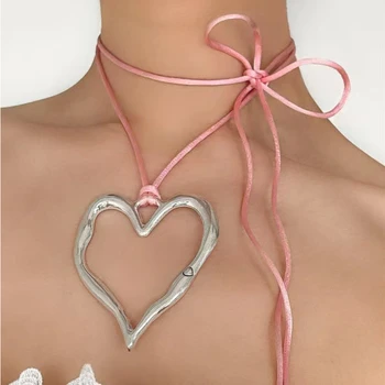 Аксессуары Y2k Egirl, Панковское ожерелье с большим полым неправильной формы сердечком для женщин, Корейское модное ожерелье-цепочка с милым бантом 80-х годов