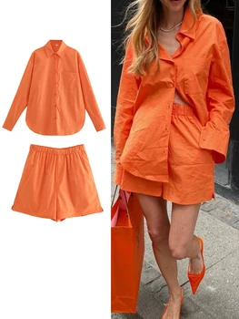 Женские Повседневные Оранжевые хлопчатобумажные рубашки, Летние блузки с отворотом и воротником + Женские шикарные шорты с высокой талией, комплект из 2 шорт, костюм