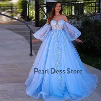 Очаровательное небесно-голубое блестящее бальное платье с деколью, расшитое бисером, Съемный рукав-пузырь, бальное платье из тюля, облегающий корсет, вечернее платье принцессы