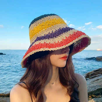 Женская соломенная шляпа-ведро из радужной летней складывающейся панамы, женская пляжная солнцезащитная шляпа, козырек для путешествий на открытом воздухе