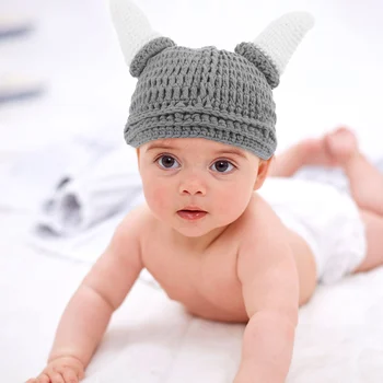 Прекрасная детская шапка из Бычьего рога, осенне-зимние детские шапки, теплая шерстяная вязаная шапочка-бини для младенца, серый цвет