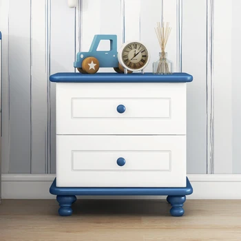 Белая + синяя деревянная тумбочка с двумя выдвижными ящиками для детей, Приставной столик для спальни, Простой в сборке, для внутренней мебели для спальни