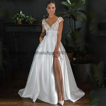 Сексуальные атласные свадебные платья с элегантной аппликацией 3D Flroal Cap Рукава Свадебные платья с разрезом по бокам без спинки Vestido De Novia