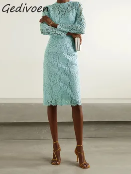 Gedivoen, модное дизайнерское летнее элегантное платье, женское кружевное платье с круглым вырезом и вышивкой, светло-зеленое короткое платье миди