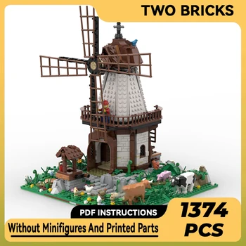 Техническая модель Moc Bricks, Средневековая ветряная мельница с видом на улицу, модульные строительные блоки, подарки, Игрушки для детей, Сборка наборов 