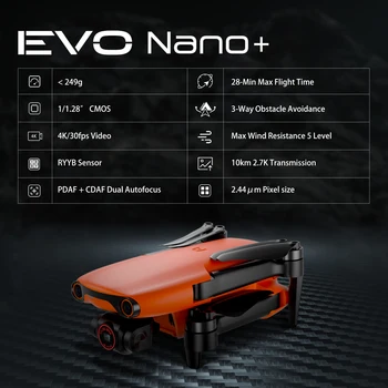 Autel Robotics EVO Nano Plus, Беспилотный летательный аппарат с камерой 249g 4K, Радиоуправляемый Дрон с камерой полета 28 минут, Беспилотный Квадрокоптер RTF