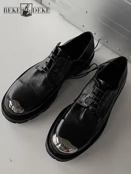 Готические металлические туфли-дерби с круглым носком, мужские свадебные туфли из конской кожи, модельные туфли из натуральной кожи, на шнуровке, Деловая официальная обувь для работы