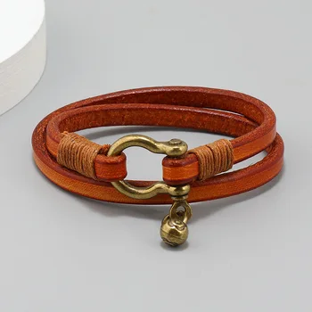 новый модный креативный кожаный браслет в стиле ретро с двумя кругами, мужская индивидуальность, простые аксессуары для браслетов в виде подковы