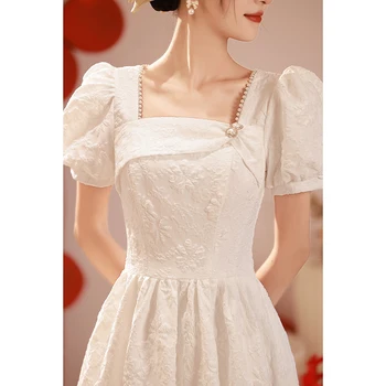 Простое белое вечернее платье, расшитое жемчугом, Квадратный воротник средней длины, Свадебное платье трапециевидной формы, платье для помолвки