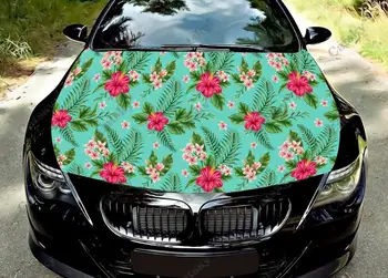 Тропические цветы Зеленая Виниловая наклейка на капот автомобиля Оберните Виниловой пленкой Наклейки на крышку двигателя Универсальная Защитная пленка на капот автомобиля