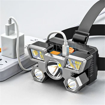 Мощный 5LED налобный фонарь USB Перезаряжаемая фара Светодиодный налобный фонарь для кемпинга Поисковый фонарь Налобный фонарь для рыбалки