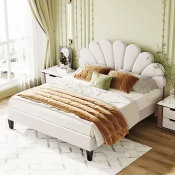 Современная красивая бежевая мягкая кровать на платформе с бархатным изголовьем с цветочным рисунком, простая сборка, удобная для спальни