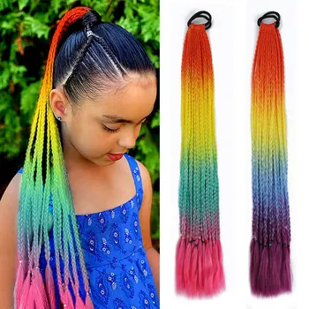 AZQUEEN Синтетические цветные плетеные волосы для наращивания в хвост, радужные косички, конский хвост с резинкой, косичка для девочек