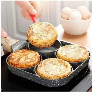 Сковорода с антипригарным покрытием на 4 отверстия и деревянной ручкой - идеально подходит для приготовления яиц