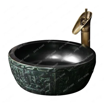 Винтажный керамический настольный круглый китайский межплатформенный умывальник для ванной комнаты