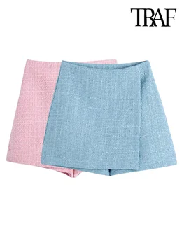 TRAF Женская модная Твидовая мини-юбка Винтажные женские юбки с высокой талией и боковой молнией Mujer