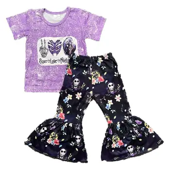 Одежда для мальчиков и девочек на Хэллоуин, фиолетовый костюм с принтом Призрака, расклешенные брюки с коротким рукавом, Комплект Одежды для маленьких девочек
