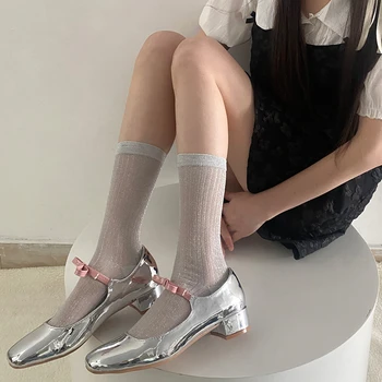 Высокоэластичные Длинные Носки, Женские Нейлоновые Дышащие Корейские Однотонные Серебристые Шелковые носки, Повседневная уличная одежда Harajuku, носки для экипажа, Sox