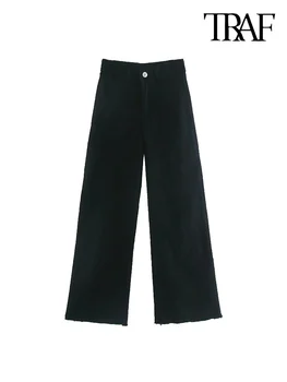 TRAF Женские Модные Прямые джинсы с потертыми карманами и кисточками, винтажные джинсовые брюки на молнии с высокой талией, женские брюки по щиколотку, Mujer