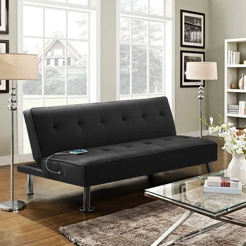 Alden Design Современный тканевый раскладной футон с USB, мебель для гостиной диван, Черный