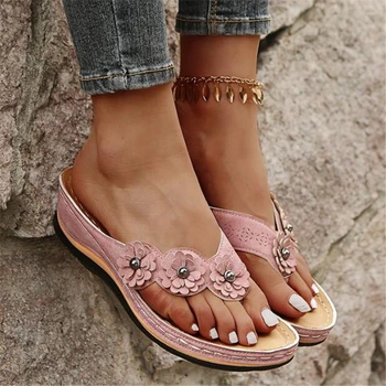 Женская обувь 2023, летняя мода, вьетнамки на танкетке с цветочным рисунком, женские уличные повседневные пляжные тапочки, женские Zapatillas De Mujer