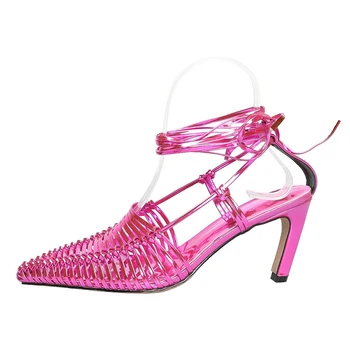 Уличные босоножки в римском стиле на шнуровке, женские летние туфли на низком каблуке 8,5 см, вязаные с вырезами на заказ