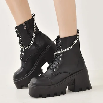 Женские ботинки на платформе с металлической цепочкой в стиле панк 2023, Осенние ботильоны из искусственной кожи на толстом каблуке, Женские Большие размеры, Черные Готические ботинки