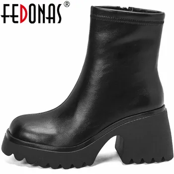FEDONAS/ Классические женские ботильоны с круглым носком на толстом высоком каблуке, базовая офисная женская рабочая обувь из натуральной кожи, осень-Зима