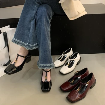 2023 Осенние женские туфли-лодочки Модные Балетки Мэри Джейн с квадратным носком На низком квадратном каблуке Повседневная Кожаная обувь
