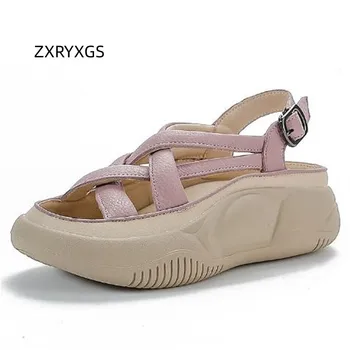 Летняя брендовая обувь ZXRYXGS, римские сандалии в стиле ретро 2023 года, Превосходная обувь на танкетке из натуральной кожи с плетеной толстой подошвой, женские трендовые сандалии