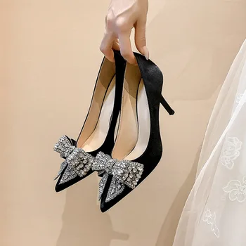 6 см Новый модный атласный острый носок со стразами и бантиком, пикантные туфли на тонком каблуке, женские туфли для банкета и вечеринки 41, 42, 43