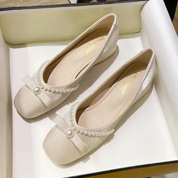 Лаконичная женская обувь на однотонном квадратном каблуке, осенние новые универсальные свадебные туфли на низком каблуке, женские туфли большого размера с французскими бусинами