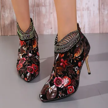 Женская обувь 2023, Женские ботинки с принтом в этническом стиле, пикантные ботильоны на высоком каблуке с острым носком, большие размеры 43, модные вечерние туфли на высоком каблуке