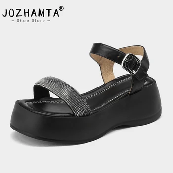 JOZHAMTA, Размер 34-39, Босоножки на танкетке, женская роскошная летняя обувь на высоком каблуке с кристаллами, Женская мода 2023 года, Сандалии на платформе из натуральной кожи