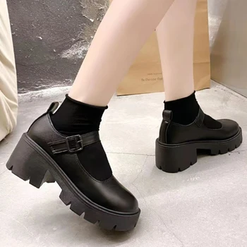 Женская обувь 2023, Весенне-осенние женские туфли-лодочки Mary Jane с круглым носком и мелким носком на среднем каблуке, женская обувь с пряжкой в одно слово