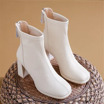 Женские ботильоны на высоком каблуке 8,5 см, квадратные каблуки, белые ботинки на платформе, женские фетишистские короткие пинетки из мягкой кожи на молнии, зимняя обувь