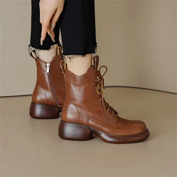 Новые осенне-зимние женские ботинки, ботинки с круглым носком на массивном каблуке для женщин, кружевные короткие ботинки, Zapatos Mujer, Обувь на платформе и высоком каблуке