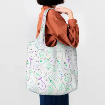 Красочные элементы медсестры Сумка для покупок продуктов Холщовые сумки для покупок через плечо Вместительные Моющиеся сумки для медицинских сестер