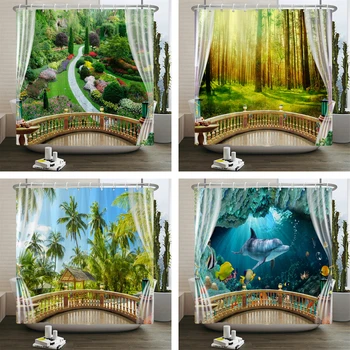 3D водонепроницаемые занавески для душа из полиэстера, пейзаж за окном, Занавески для ванной с крючками, экран для декора ванны