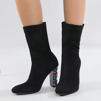 Новые женские разноцветные туфли с драгоценными камнями на толстом каблуке и замшевые сапоги 750-1