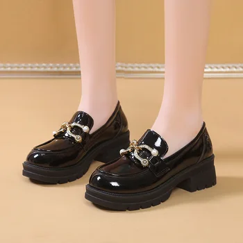 2023 Женские британские маленькие кожаные туфли One Step British Shoes Женские туфли с круглым носком на толстой подошве Осенние тонкие туфли
