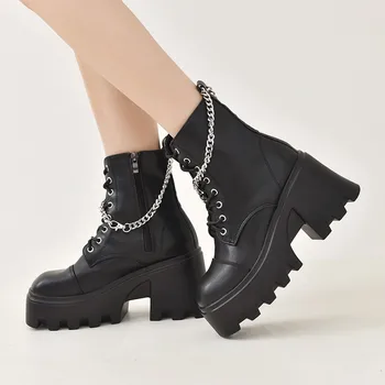 Осенние черные ботинки из искусственной кожи, женские пикантные ботинки на толстом каблуке с цепочкой, мотоциклетные ботинки в стиле панк C1146