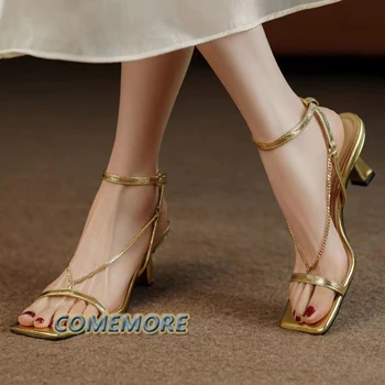 Роскошные Женские сандалии на высоком каблуке из Римского золота 2023, Летние сандалии-гладиаторы с квадратным носком на цепочке, женские туфли-лодочки на толстом каблуке