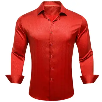 Роскошные рубашки для мужчин, Шелковый атлас, Красная Однотонная Мужская блузка с длинным рукавом, Повседневные вечерние топы, Дышащий материал Barry Wang