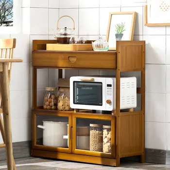 Простая кухонная мебель, Японские бамбуковые кухонные шкафы, Шкафы для хранения кухонной посуды, Многослойный стеллаж для домашней гостиной