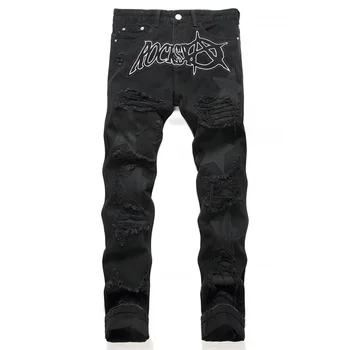 Мужские джинсы в стиле Пэчворк с рваными дырами, Уличная одежда, джинсовые брюки в стиле хип-хоп Панк, Узкие Модные джинсы