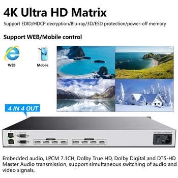 Профессиональный HDMI Матричный Переключатель 4x4 Splitter 4 in 4 out Видеостена 4K 30Hz 8x8/8x16/16x16 с веб-управлением Audio Video Switcher