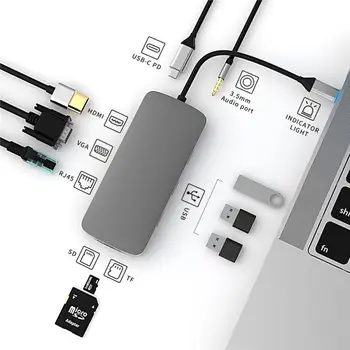 Многофункциональный алюминиевый портативный разветвитель Type C для Macbook Hub Концентратор 10 в 1 с новыми удлинителями для чтения карт USB
