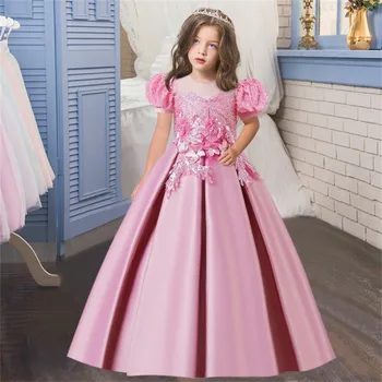 Розовые платья с вышивкой для девочек-цветочниц, Сетчатое Платье Принцессы для свадебной вечеринки, Платья для дня рождения, Выпускного вечера, Первого причастия